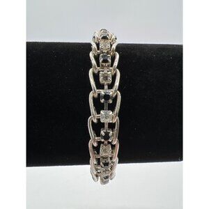 Vintage Silver-Tone Bracelet With Clear & Black Rhinestones 7 Inches Chain Link
